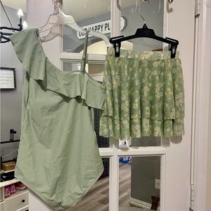 Green Ruffled One-Piece Swimsuit and Floral Skirt Set